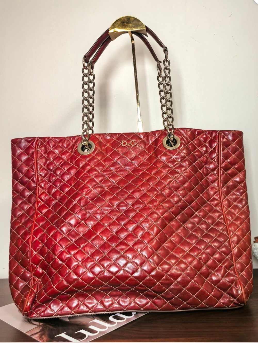 Dolce & Gabbana Quilted Red Leather Tote with Gold Chains